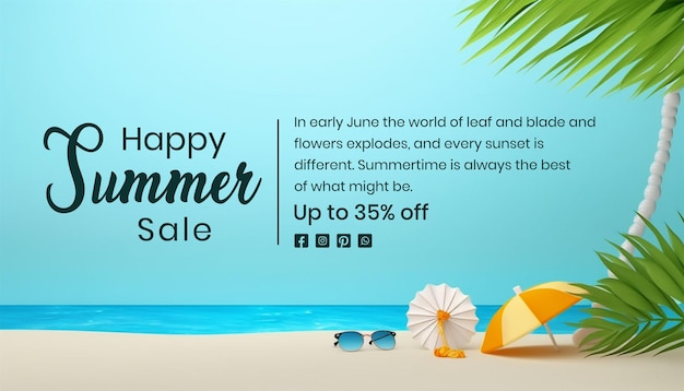 a sign for summer sale with sunglasses and umbrellas on the beach