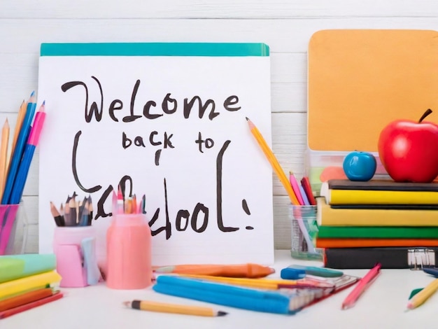 a sign that says welcome back to school is on a desk