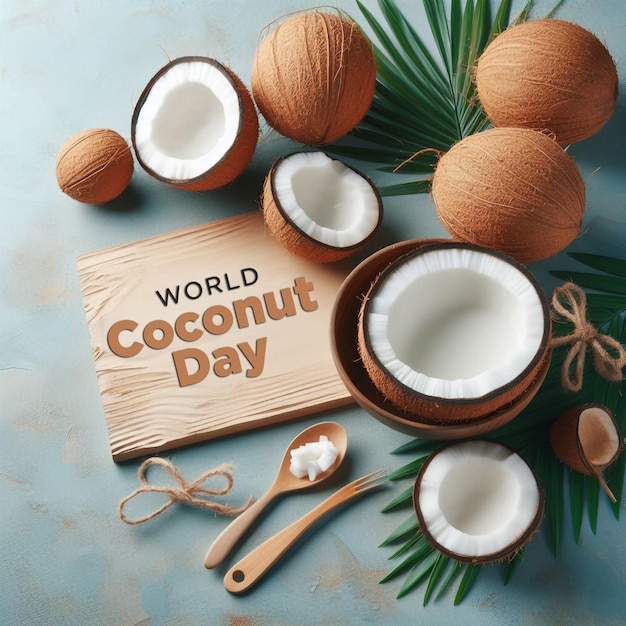 a sign that says world coconut day is on a table