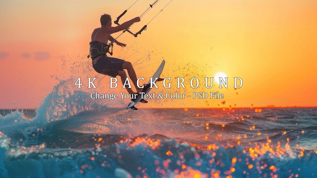 Silhouette of kitesurfer riding a wave at sunset Concept of extreme sports adventure freedom