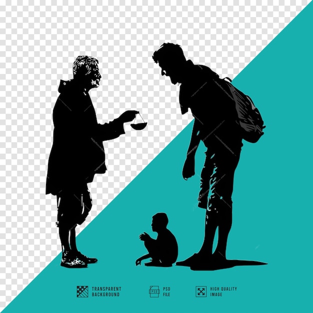 PSD silhouette of a man giving money to a shabby old beggar vector art style