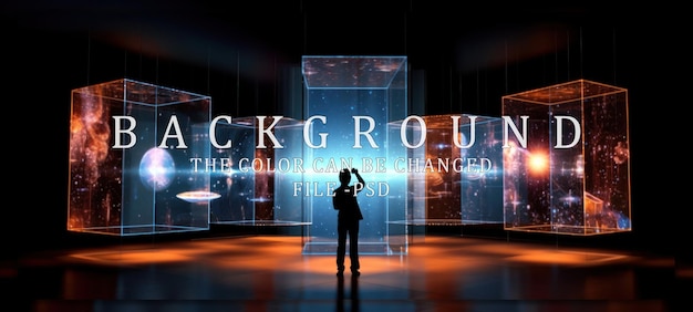 PSD silhouette of man surrounded by holographic cubes displaying cosmic images