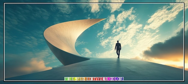 PSD silhouette of a man walking on a white surface towards the horizon with a large white abstract