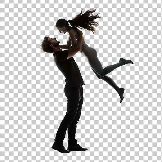 PSD silhouette of man and woman raises in his arms on transparent background