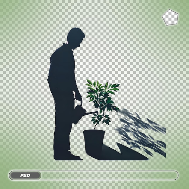 Silhouette of a person watering a plant Isolated on transparent background