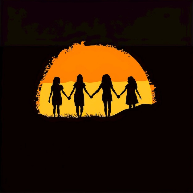 PSD a silhouette of three girls holding hands with the sun behind them