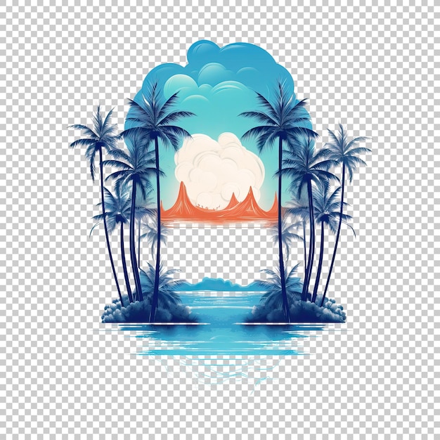 PSD silhouette of tropical island with palm trees and sunset isolated on transparent background