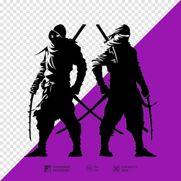 silhouette of two ninjas with swords on their backs vector art style