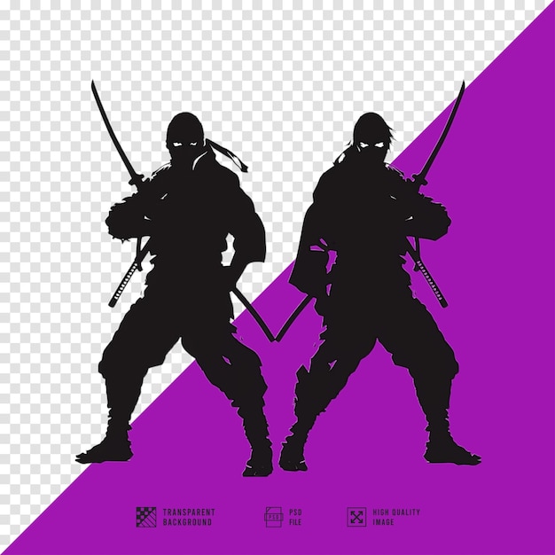 PSD silhouette of two ninjas with swords on their backs vector art style