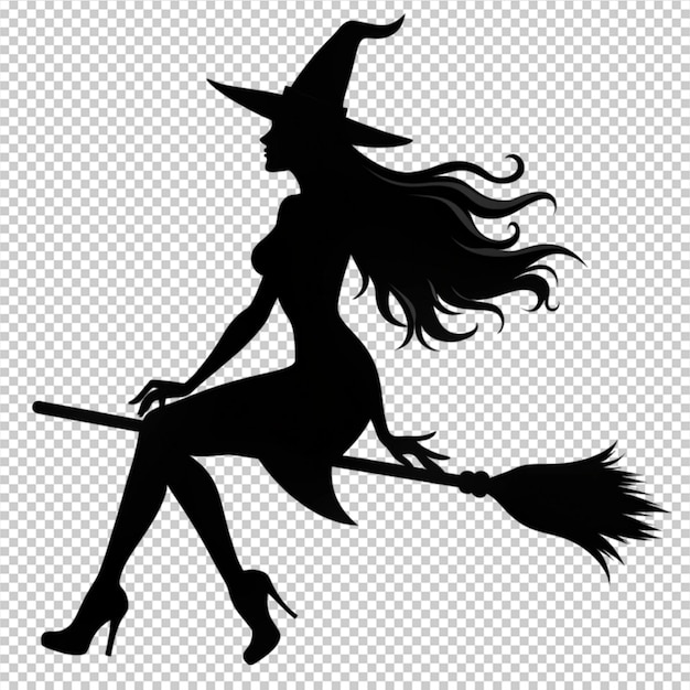 PSD silhouette of a witch flying broomstick on transperent background