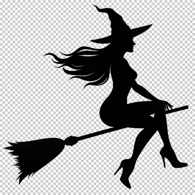 PSD silhouette of a witch flying broomstick on transperent background