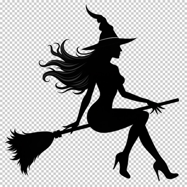 PSD silhouette of a witch flying broomstick on transperent background