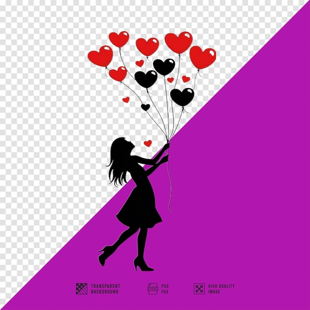 PSD silhouette of a woman holding a string of several flying balloons vector art style clipart style