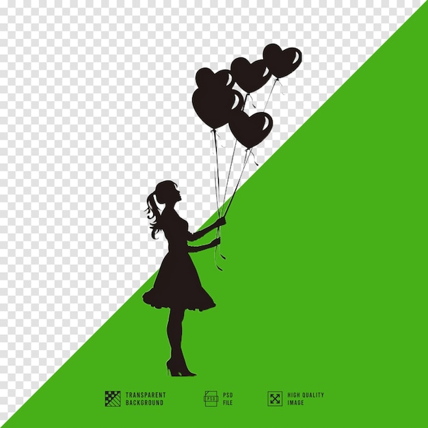 silhouette of a woman holding a string of several flying balloons vector art style clipart style