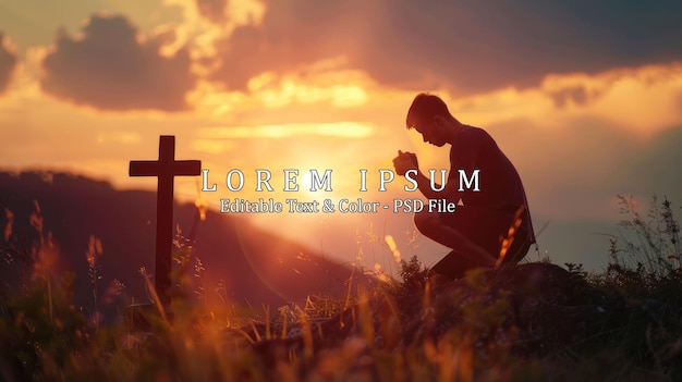 PSD silhouette young male kneeling down with holding christian cross for worshipping god on the mountain sunset background ai generated