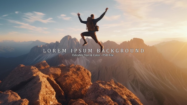 PSD silhouette of young man jumping and arm up on top of mountain sky and sun light background