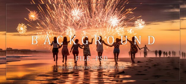 PSD silhouettes of joy friends celebrate fireworks on the beach