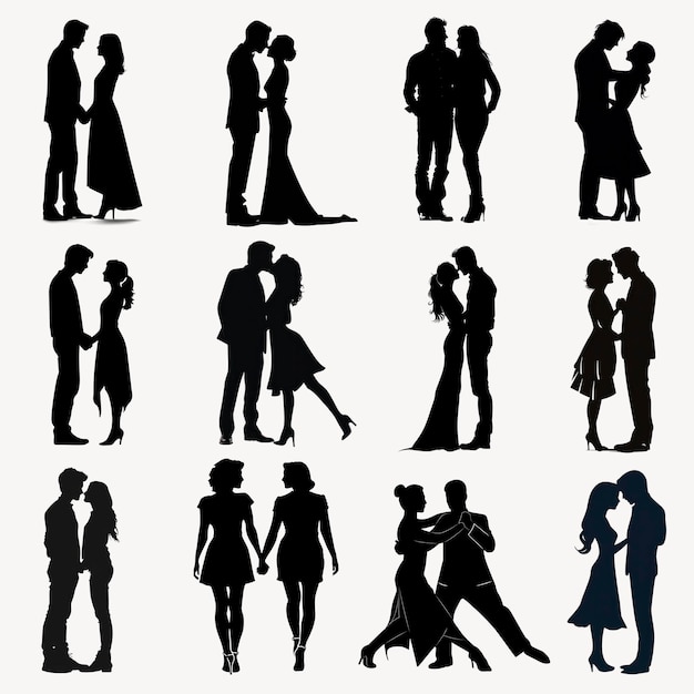 PSD silhouettes of romantic couples dancing set