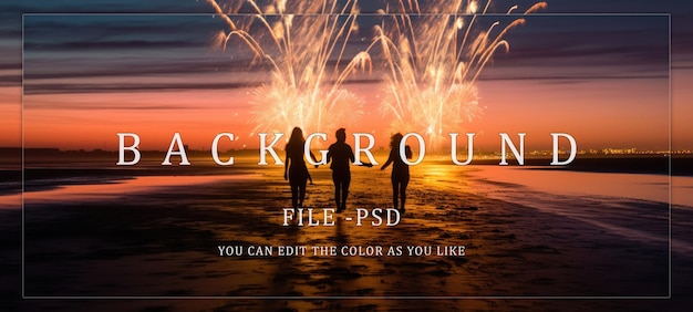 PSD silhouettes of three people walking on a beach with fireworks in the background