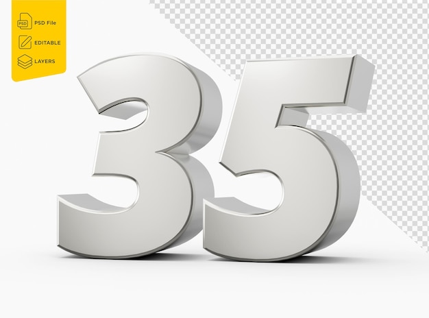 Silver 3d numbers 35 thirty five Isolated white background 3d illustration