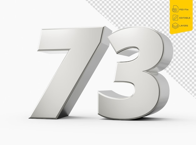 Silver 3d numbers 73 Seventy Three Isolated white background 3d illustration