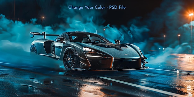 PSD silver and black mclaren senna car with blue smoke coming out from behind it dark background