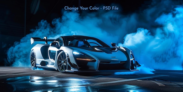 Silver and black McLaren Senna car with blue smoke coming out from behind it dark background