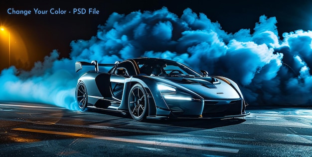 PSD silver and black mclaren senna car with blue smoke coming out from behind it dark background