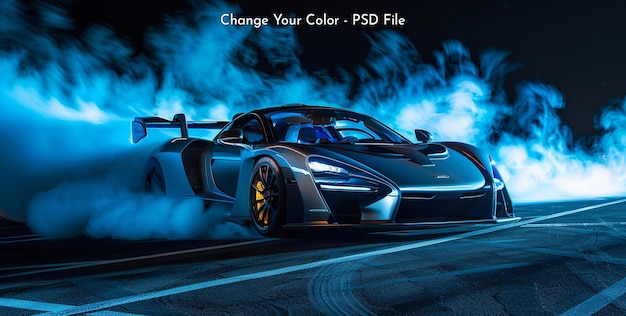 Silver and black McLaren Senna car with blue smoke coming out from behind it dark background