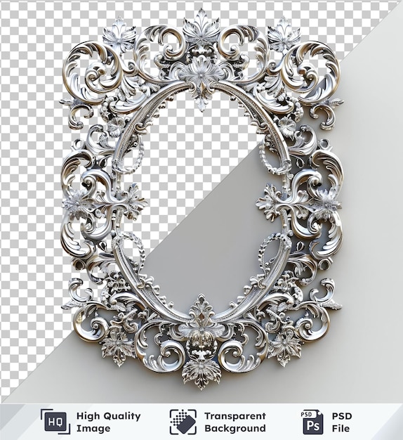 silver filigree mirror frame with intricate scrollwork set isolated on transparent background