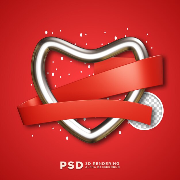 PSD silver heart shape with red ribbon 3d design transparent background isolated psd