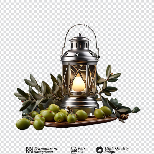 a silver lantern with olives and olives solated on transparent background