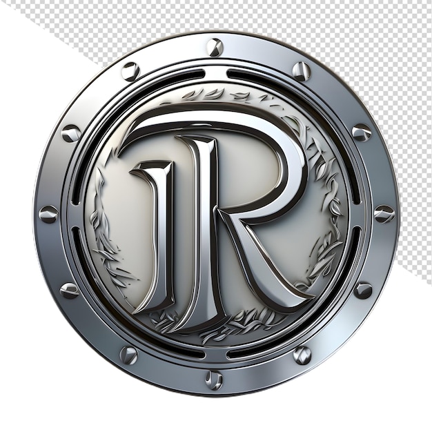 a silver logo with the word r on it