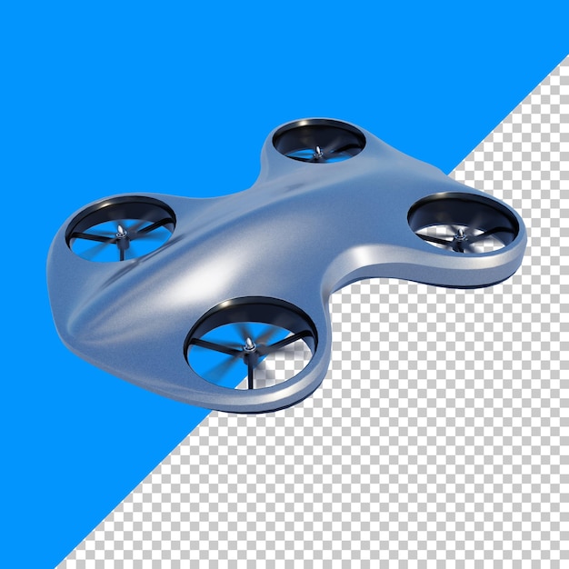 A silver metal drone in flight perspective top view isolated