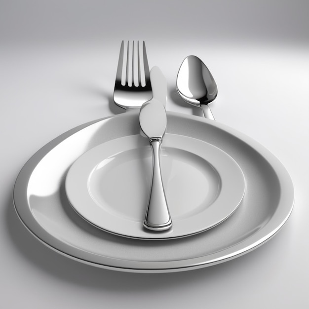 PSD a silver plate with a spoon and a fork on it