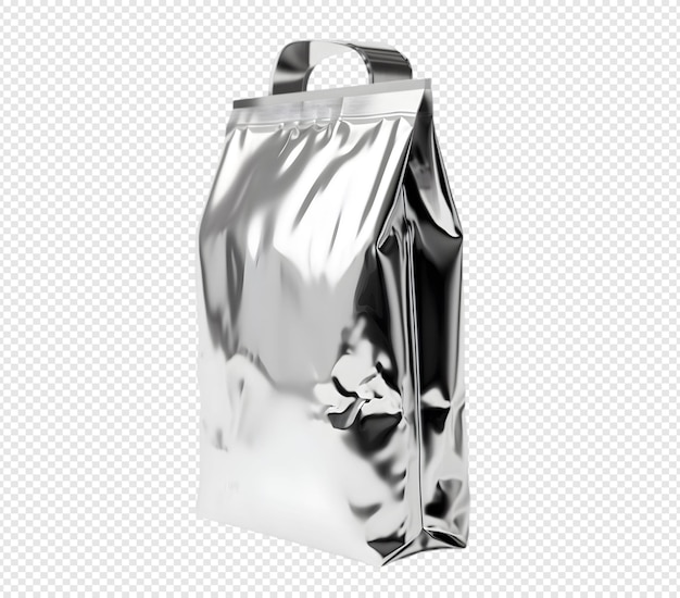 PSD silver pouch packaging metallic standup bag isolated transparent background