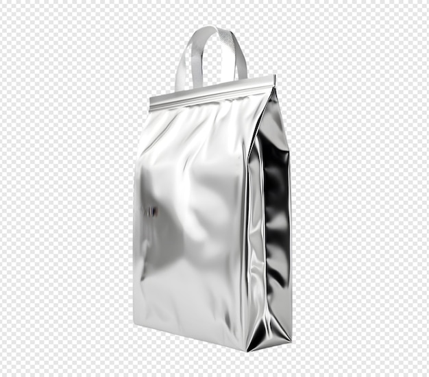 PSD silver pouch packaging metallic standup bag isolated transparent background