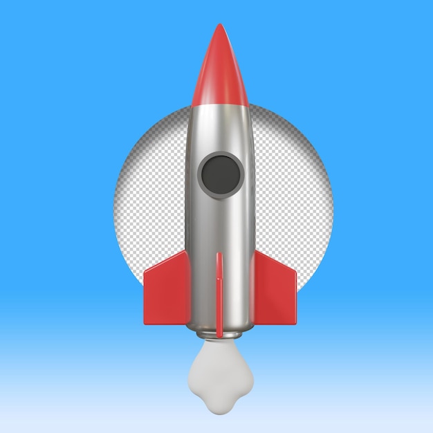 A silver rocket with a red tip is against a blue background