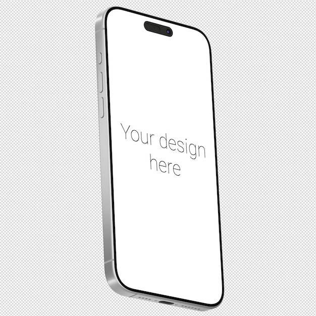 Silver smartphone mockup similar to Iphone 15 without background in isometric style