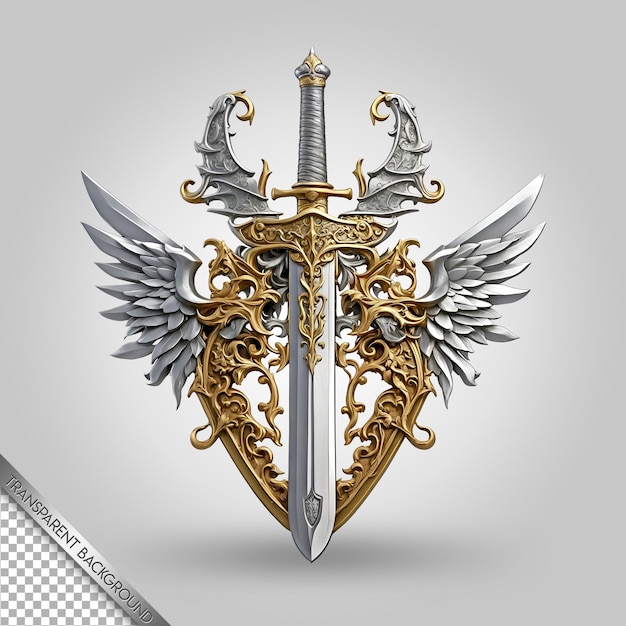 a silver sword with a gold wings and a sword