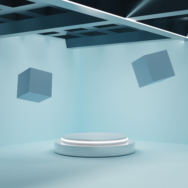 Simple 3D render empty white podium on blue background