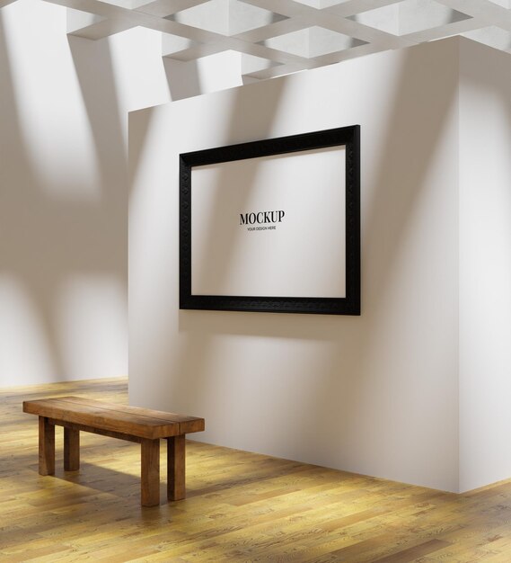 PSD simple black wooden frame mockup poster on the art gallery wall with bench in the front for design