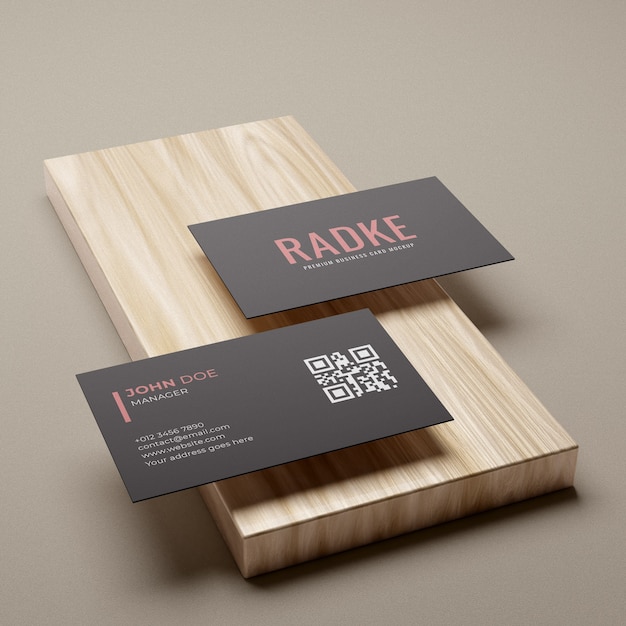 Simple elegant black business card mockup on wood pedestal