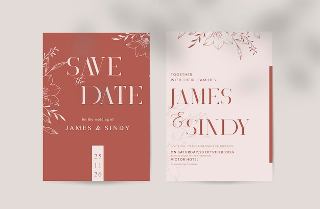 PSD simple and elegant wedding invitation template with line drawing flowers hycint