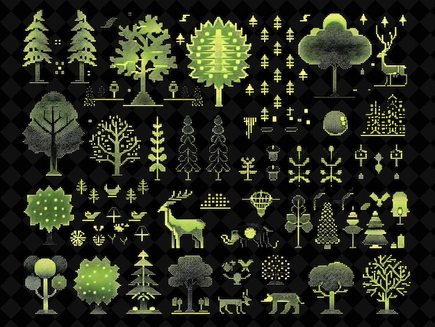 Simple Forest 16 Bit Pixel With Trees and Animals and Geomet Y2K Shape Neon Color Art Collections