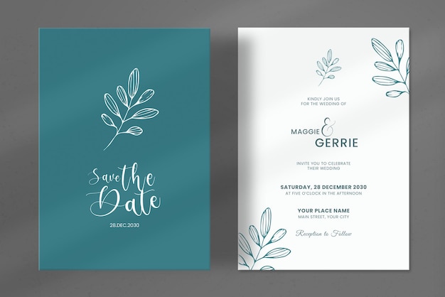 Simple Green Wedding Invitation with Hand Drawn Leaves