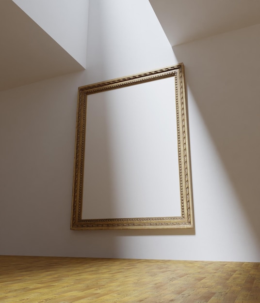 simple minimalist of a vintage wooden frame mockup hanging on the white wall in the art gallery