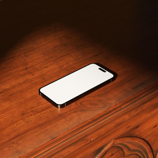 Simple modern mobile phone mockup screen laying on the wooden table from side angle