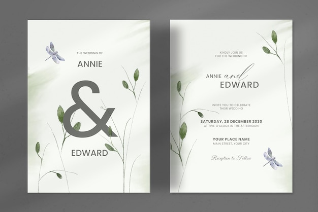 Simple and modern wedding invitation with green leaves