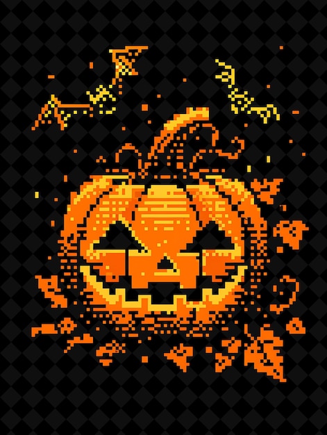 Simple Pumpkin 8 Bit Pixel With Vines and Bats and Zigzag Pa Y2K Shape Neon Color Art Collections